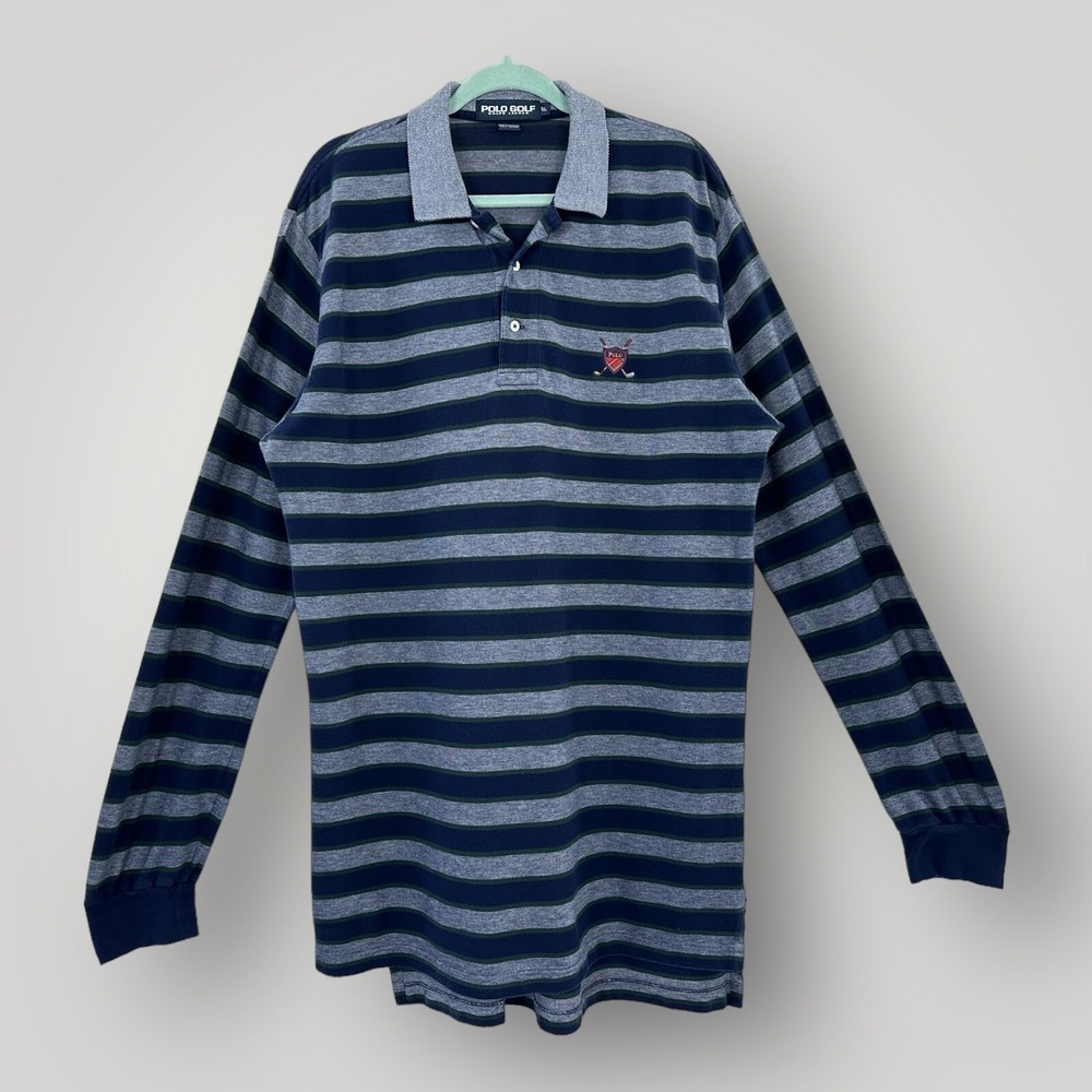 Ralph Lauren Polo Golf Shirt Mens XL Long Sleeve‎ Blue Striped Embroidered Logo